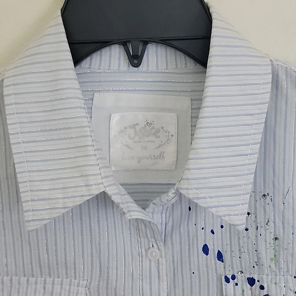 Justice Blue & Silver Striped Paint Splatter Long Sleeve Shirt Girls